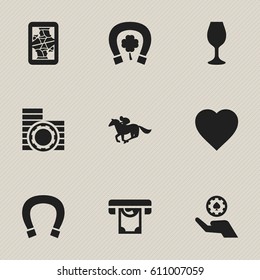 Set Of 9 Editable Gambling Icons. Includes Symbols Such As Jockey, Luck Charm, Blackjack And More. Can Be Used For Web, Mobile, UI And Infographic Design.