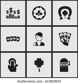 Set Of 9 Editable Gambling Icons. Includes Symbols Such As Lucky Leaf, Jackpot, Trader And More. Can Be Used For Web, Mobile, UI And Infographic Design.