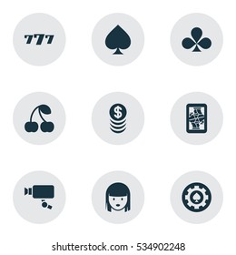 Set Of 9 Editable Game Icons. Includes Symbols Such As Game Card, Black Heart, Blackjack And More. Can Be Used For Web, Mobile, UI And Infographic Design.