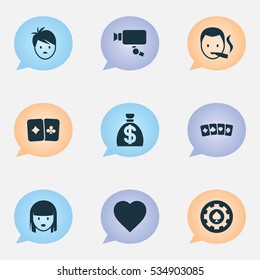 Set Of 9 Editable Game Icons. Includes Symbols Such As Smoker, Card Pair, Boy And More. Can Be Used For Web, Mobile, UI And Infographic Design.