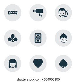 Set Of 9 Editable Game Icons. Includes Symbols Such As Shamrock, Tracking Cam, Game Card And More. Can Be Used For Web, Mobile, UI And Infographic Design.