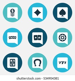 Set Of 9 Editable Game Icons. Includes Symbols Such As Card Suits, Game Card, Blackjack And More. Can Be Used For Web, Mobile, UI And Infographic Design.