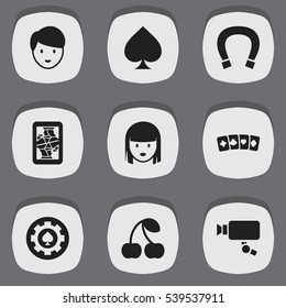 Set Of 9 Editable Game Icons. Includes Symbols Such As Card Suits, Berry;, Casino Worker And More. Can Be Used For Web, Mobile, UI And Infographic Design.