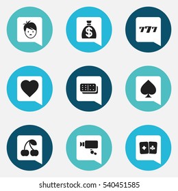 Set Of 9 Editable Game Icons. Includes Symbols Such As Moneybag, Card Pair, Game Card And More. Can Be Used For Web, Mobile, UI And Infographic Design.