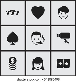Set Of 9 Editable Game Icons. Includes Symbols Such As Stacked Money, Lucky Seven, Love And More. Can Be Used For Web, Mobile, UI And Infographic Design.