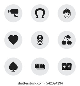 Set Of 9 Editable Game Icons. Includes Symbols Such As Tracking Cam, Luck Charm, Game Card And More. Can Be Used For Web, Mobile, UI And Infographic Design.