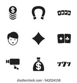 Set Of 9 Editable Game Icons. Includes Symbols Such As Casino Worker, Card Pair, Rhombus And More. Can Be Used For Web, Mobile, UI And Infographic Design.