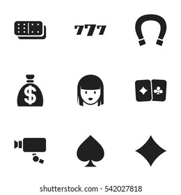 Set Of 9 Editable Game Icons. Includes Symbols Such As Female Face, Card Pair, Moneybag And More. Can Be Used For Web, Mobile, UI And Infographic Design.