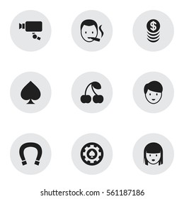 Set Of 9 Editable Game Icons. Includes Symbols Such As Black Heart, Casino Worker, Game Card And More. Can Be Used For Web, Mobile, UI And Infographic Design.
