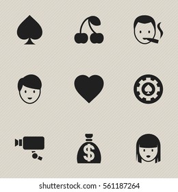 Set Of 9 Editable Game Icons. Includes Symbols Such As Love, Female Face, Tracking Cam And More. Can Be Used For Web, Mobile, UI And Infographic Design.