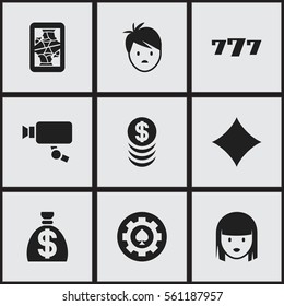 Set Of 9 Editable Game Icons. Includes Symbols Such As Moneybag, Tracking Cam, Female Face And More. Can Be Used For Web, Mobile, UI And Infographic Design.