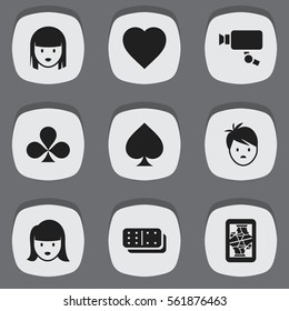 Set Of 9 Editable Game Icons. Includes Symbols Such As Love, Female Face, Woman Face And More. Can Be Used For Web, Mobile, UI And Infographic Design.