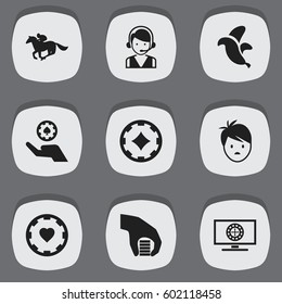 Set Of 9 Editable Game Icons. Includes Symbols Such As Bet, Ace Of Diamonds, Roulette On Monitor And More. Can Be Used For Web, Mobile, UI And Infographic Design.