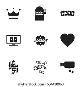 Set Of 9 Editable Game Icons. Includes Symbols Such As Royal, Jackpot, Card Suits And More. Can Be Used For Web, Mobile, UI And Infographic Design.