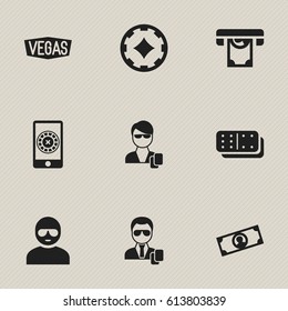 Set Of 9 Editable Game Icons. Includes Symbols Such As Thief, Nevada, Printer And More. Can Be Used For Web, Mobile, UI And Infographic Design.