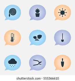 Set Of 9 Editable Garden Icons. Includes Symbols Such As Pot Bush, Temperature, Spade And More. Can Be Used For Web, Mobile, UI And Infographic Design.