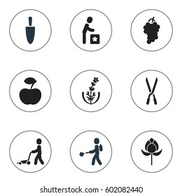 Set Of 9 Editable Garden Icons. Includes Symbols Such As Shovel, Ploughman, Tulip And More. Can Be Used For Web, Mobile, UI And Infographic Design.