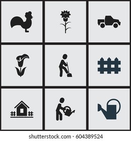 Set Of 9 Editable Garden Icons. Includes Symbols Such As Flower, Wooden Barrier, Home With Fence And More. Can Be Used For Web, Mobile, UI And Infographic Design.