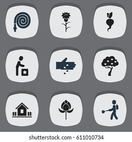 Set Of 9 Editable Garden Icons. Includes Symbols Such As Plant Spray, Ploughman, Flower And More. Can Be Used For Web, Mobile, UI And Infographic Design.