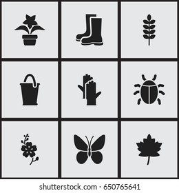 Set Of 9 Editable Garden Icons. Includes Symbols Such As Daffodils, Working Gloves, Beetle And More. Can Be Used For Web, Mobile, UI And Infographic Design.