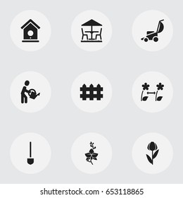 Set Of 9 Editable Garden Icons. Includes Symbols Such As Garden Seat, Spade, Blossom And More. Can Be Used For Web, Mobile, UI And Infographic Design.
