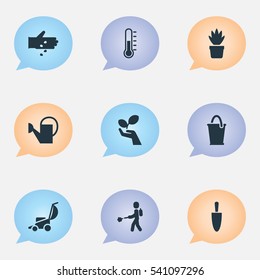 Set Of 9 Editable Gardening Icons. Includes Symbols Such As Bucket, Temperature, Shovel And More. Can Be Used For Web, Mobile, UI And Infographic Design.
