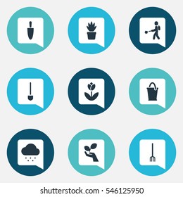 Set Of 9 Editable Gardening Icons. Includes Symbols Such As Beauty Flower, Shovel, Spade And More. Can Be Used For Web, Mobile, UI And Infographic Design.