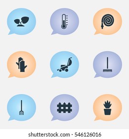 Set Of 9 Editable Gardening Icons. Includes Symbols Such As Hay Fork, Soil Plant, Temperature And More. Can Be Used For Web, Mobile, UI And Infographic Design.