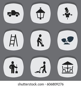 Set Of 9 Editable Gardening Icons. Includes Symbols Such As Stairway, Grass Cutting Machine, Bugaboo And More. Can Be Used For Web, Mobile, UI And Infographic Design.