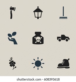 Set Of 9 Editable Gardening Icons. Includes Symbols Such As Footwear, Venom, Streetlight And More. Can Be Used For Web, Mobile, UI And Infographic Design.