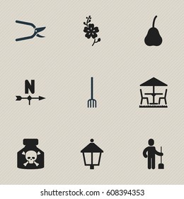 Set Of 9 Editable Gardening Icons. Includes Symbols Such As Daffodils, Breeze Direction, Hay Fork And More. Can Be Used For Web, Mobile, UI And Infographic Design.