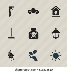 Set Of 9 Editable Gardening Icons. Includes Symbols Such As Tomahawk, Venom, Streetlight And More. Can Be Used For Web, Mobile, UI And Infographic Design.