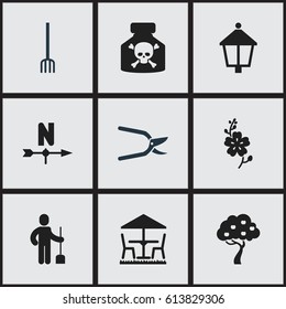 Set Of 9 Editable Gardening Icons. Includes Symbols Such As Fruit Woods, Breeze Direction, Streetlight And More. Can Be Used For Web, Mobile, UI And Infographic Design.