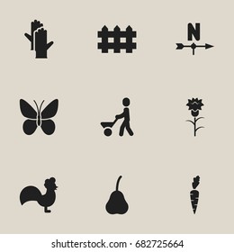 Set Of 9 Editable Gardening Icons. Includes Symbols Such As Breeze Direction, Rooster, Duchess And More. Can Be Used For Web, Mobile, UI And Infographic Design.