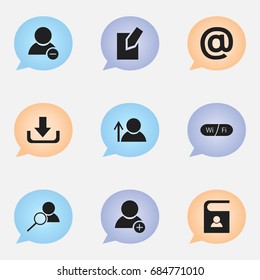 Set Of 9 Editable Global Icons. Includes Symbols Such As Delete Member, Download, Mail Symbol And More. Can Be Used For Web, Mobile, UI And Infographic Design.