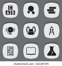 Set Of 9 Editable Graduation Icons. Includes Symbols Such As Victory Medallion, Alphabet Cube, Schoolbag And More. Can Be Used For Web, Mobile, UI And Infographic Design.