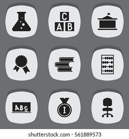 Set Of 9 Editable Graduation Icons. Includes Symbols Such As Victory Medallion, Arithmetic, Work Seat And More. Can Be Used For Web, Mobile, UI And Infographic Design.