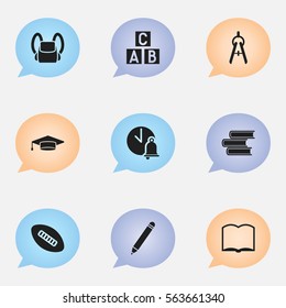 Set Of 9 Editable Graduation Icons. Includes Symbols Such As Math Tool, Library, Alphabet Cube And More. Can Be Used For Web, Mobile, UI And Infographic Design.
