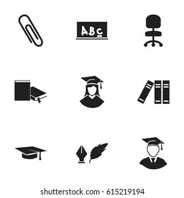 Set Of 9 Editable Graduation Icons. Includes Symbols Such As Bookshelf, Graduation Hat, Graduated Female And More. Can Be Used For Web, Mobile, UI And Infographic Design.