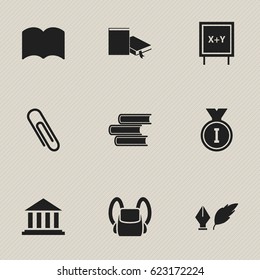 Set Of 9 Editable Graduation Icons. Includes Symbols Such As Dictionary, Museum, Literature And More. Can Be Used For Web, Mobile, UI And Infographic Design.