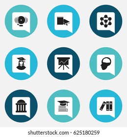 Set Of 9 Editable Graduation Icons. Includes Symbols Such As Cerebrum, Courtroom, Bookshelf And More. Can Be Used For Web, Mobile, UI And Infographic Design.