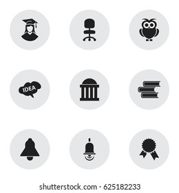 Set Of 9 Editable Graduation Icons. Includes Symbols Such As Alarm Bell, Library, Victory Medallion And More. Can Be Used For Web, Mobile, UI And Infographic Design.