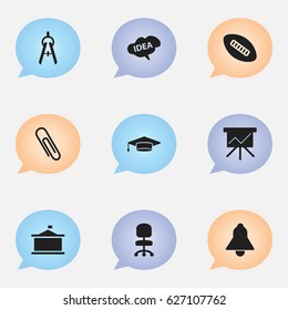 Set Of 9 Editable Graduation Icons. Includes Symbols Such As Bell, Oval Ball, Staple And More. Can Be Used For Web, Mobile, UI And Infographic Design.