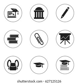 Set Of 9 Editable Graduation Icons. Includes Symbols Such As Staple, Chart Board, Graduation Hat And More. Can Be Used For Web, Mobile, UI And Infographic Design.