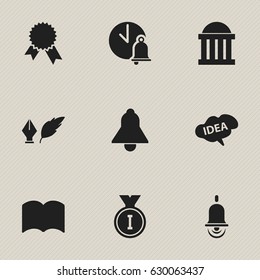 Set Of 9 Editable Graduation Icons. Includes Symbols Such As Alarm Bell, Literature, Dictionary And More. Can Be Used For Web, Mobile, UI And Infographic Design.