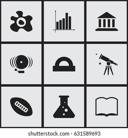 Set Of 9 Editable Graduation Icons. Includes Symbols Such As Semicircle Ruler, Graph, Ring And More. Can Be Used For Web, Mobile, UI And Infographic Design.