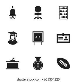 Set Of 9 Editable Graduation Icons. Includes Symbols Such As Alarm Bell, Blackboard, Oval Ball And More. Can Be Used For Web, Mobile, UI And Infographic Design.
