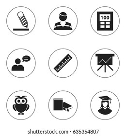 Set Of 9 Editable Graduation Icons. Includes Symbols Such As Calculator, Thinking Man, Studying Boy And More. Can Be Used For Web, Mobile, UI And Infographic Design.