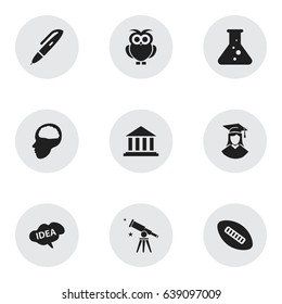 Set Of 9 Editable Graduation Icons. Includes Symbols Such As Binoculars, Cerebrum, Oval Ball And More. Can Be Used For Web, Mobile, UI And Infographic Design.