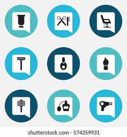 Set Of 9 Editable Hairdresser Icons. Includes Symbols Such As Charger, Scent, Scrub And More. Can Be Used For Web, Mobile, UI And Infographic Design.